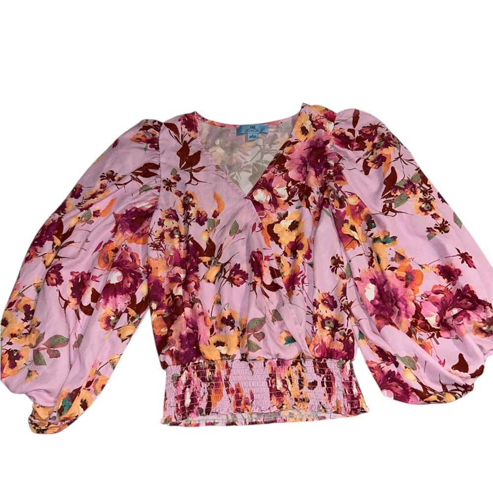 CeCe Floral Blouse in Pink and burgundy puffy sleeves elastic waist button front